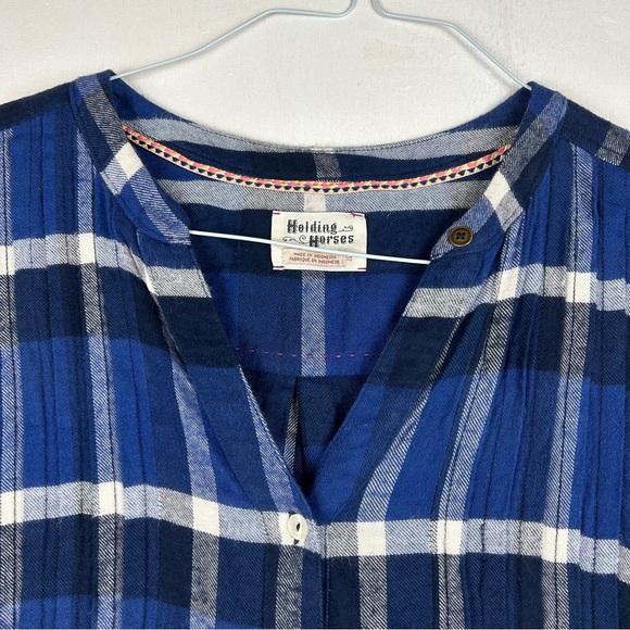 Anthropologie | HOLDING HORSES button up roll tab fringe hem blue plaid country - Picture 5 of 16